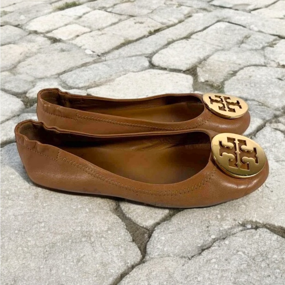 Tory Burch | Caramel Brown Leather Ballet Flats & Gold Hardware | Designer Shoes
